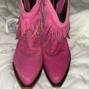 Pink Fringe Pointed Toe Ankle Boots - Women's